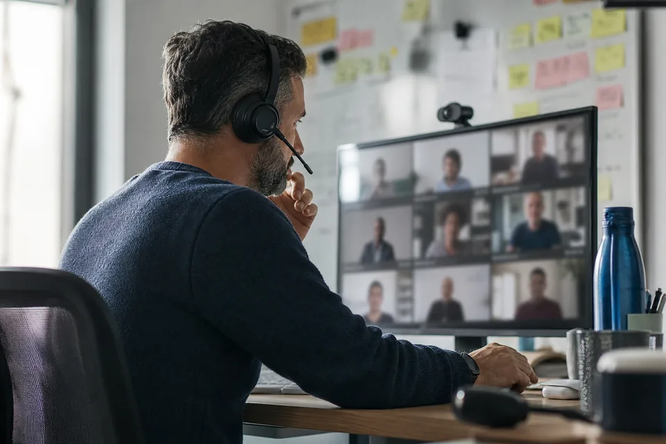 Engineering manager on a video call with a distributed team from a home office