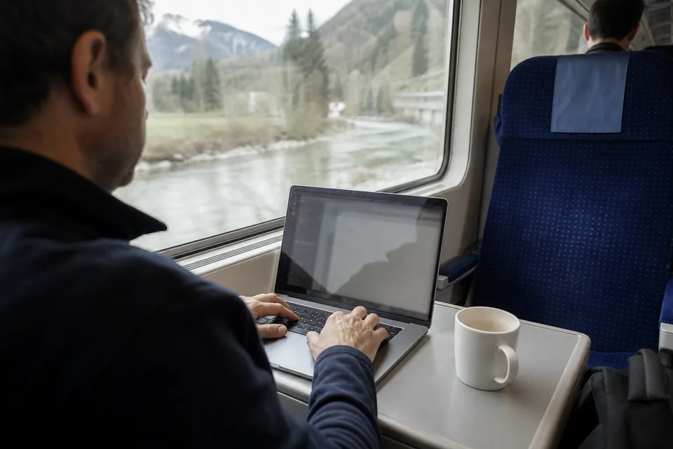 Laptop on a train window seat