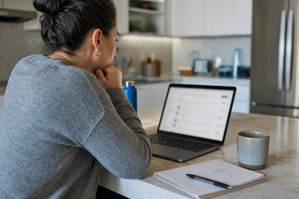 Candidate scrolling a list of remote job openings on a laptop at a kitchen counter