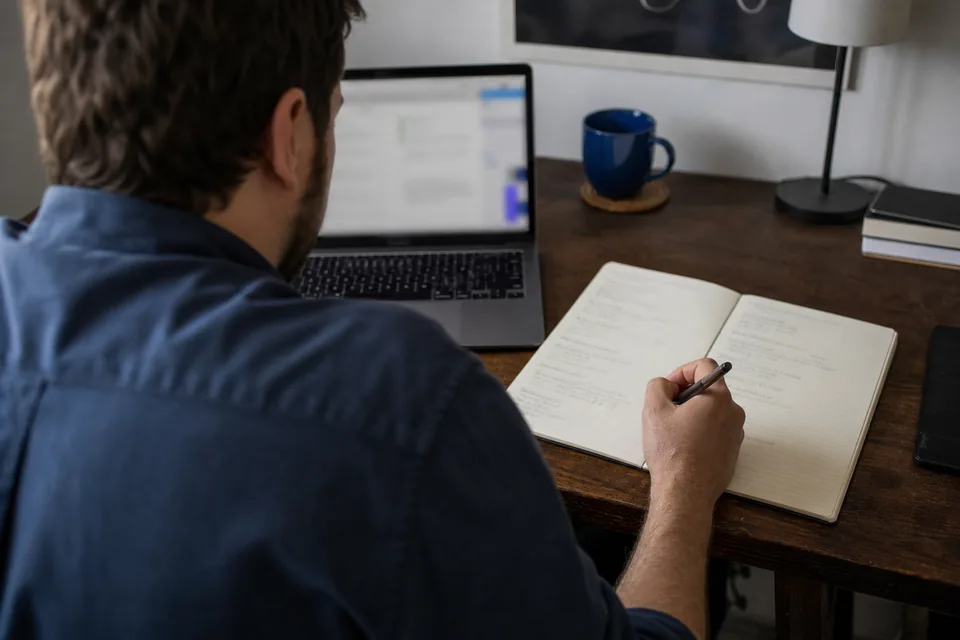 Job seeker comparing two remote job listings side by side on a laptop and a notebook