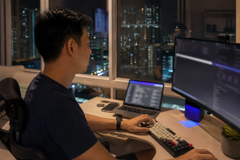 Remote engineer working from a high-rise apartment in Singapore at night