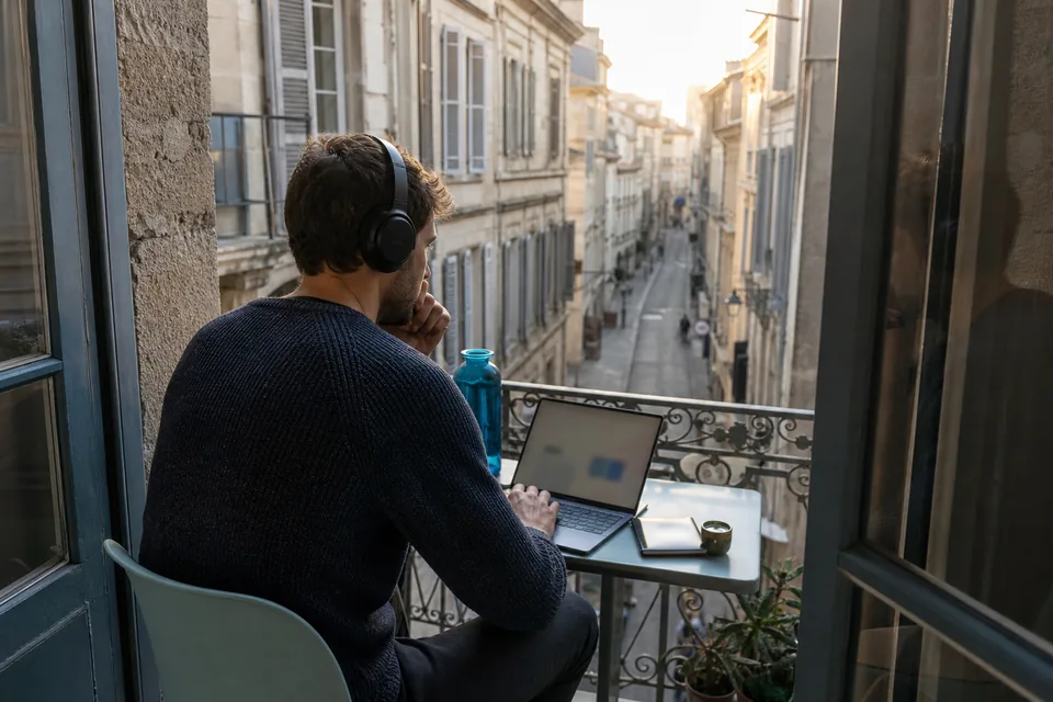 Remote worker at a balcony desk above a European old town street