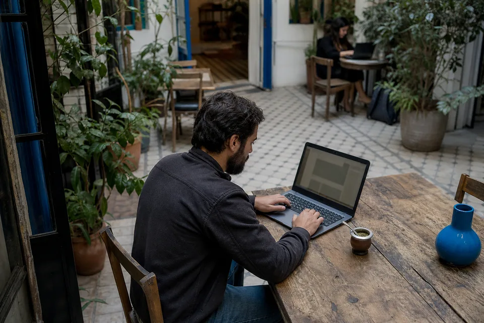 Remote worker on a laptop in a leafy courtyard in Buenos Aires