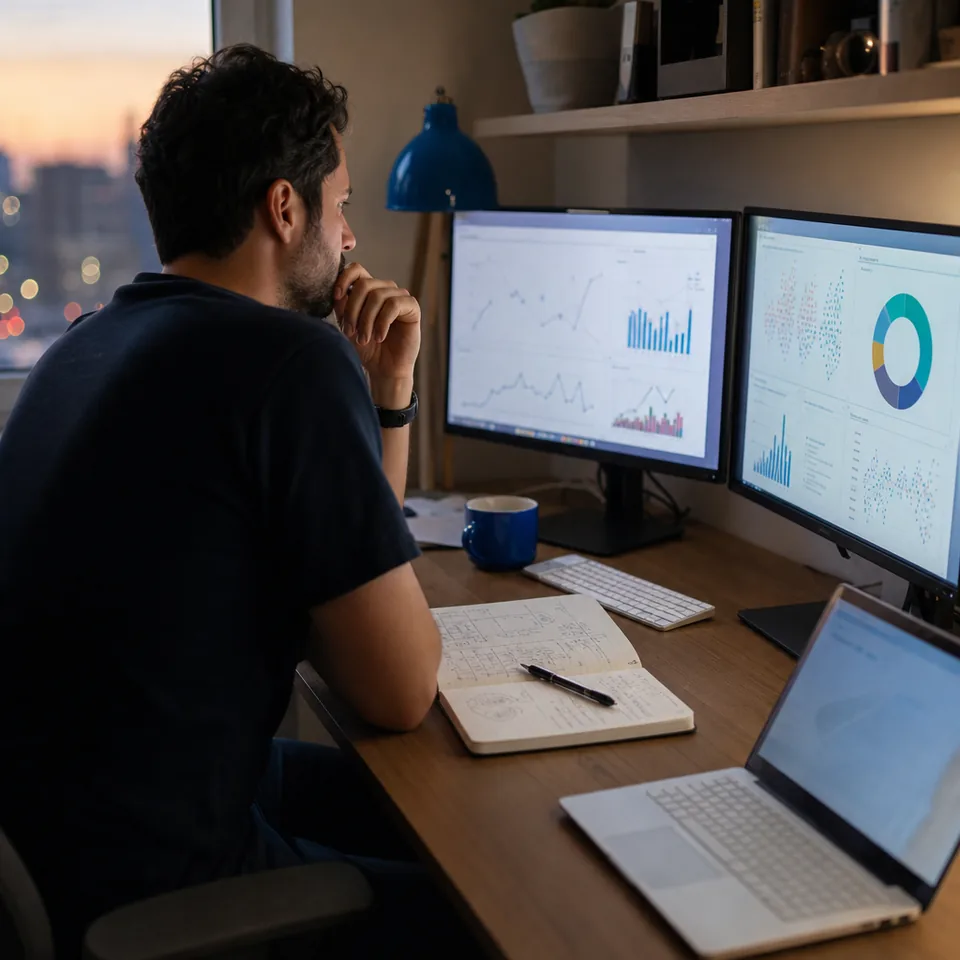 Data analyst studying charts on a widescreen monitor at a quiet desk