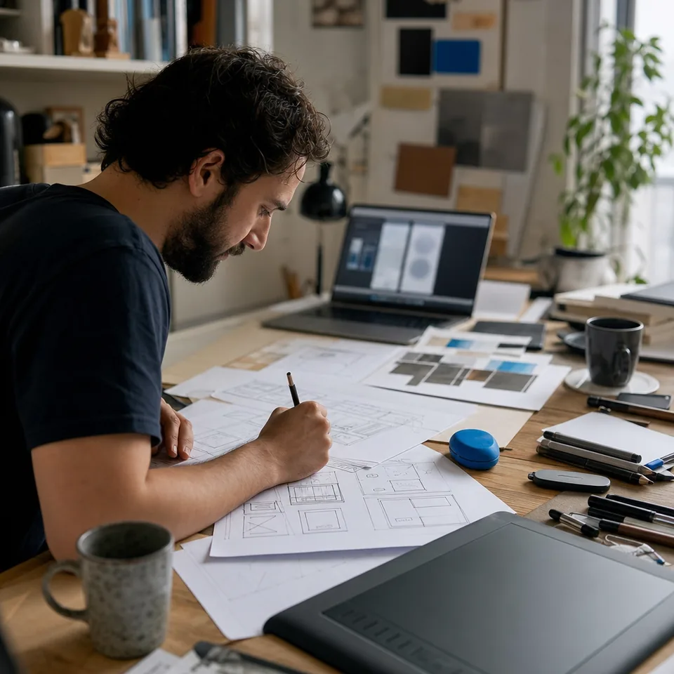Product designer arranging wireframe printouts next to a large monitor