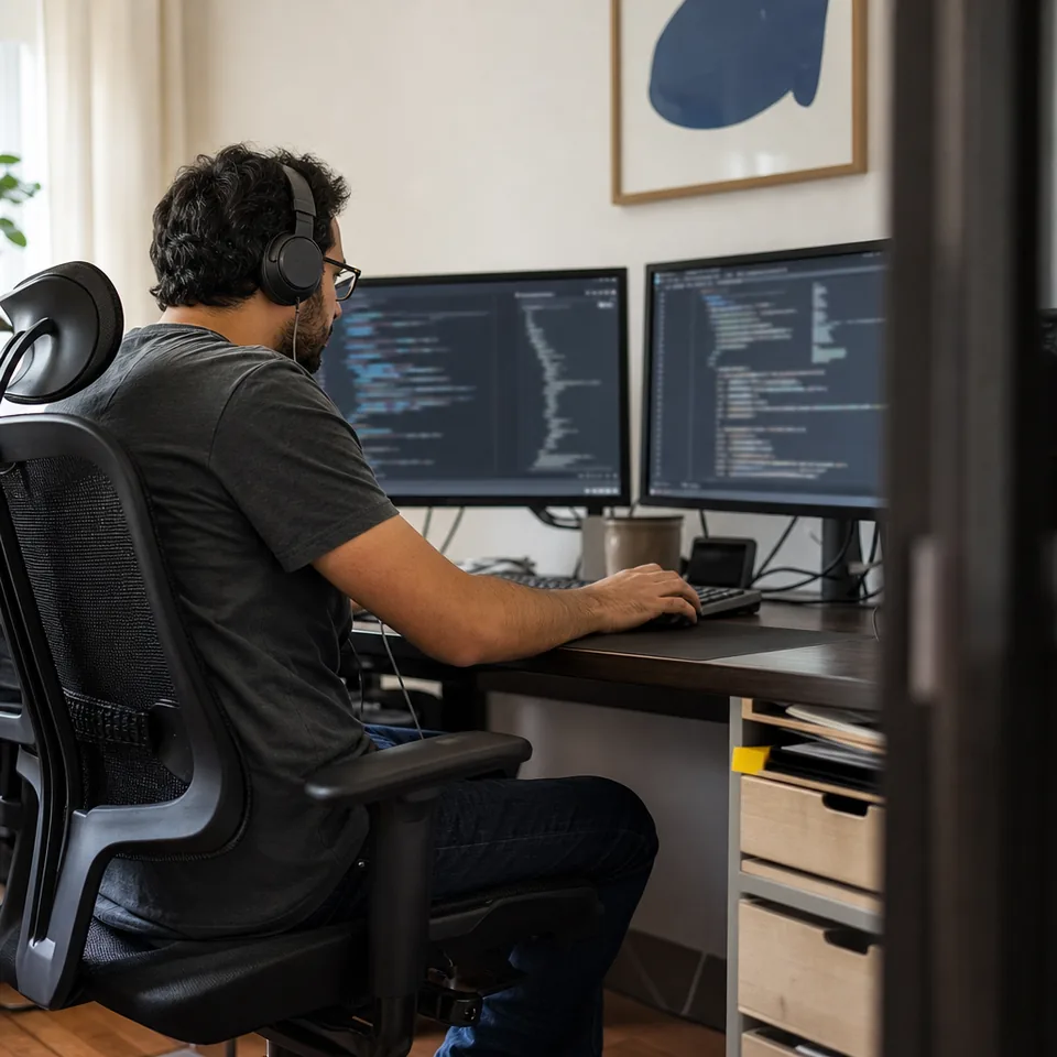 Software developer reviewing code on two monitors in a home office