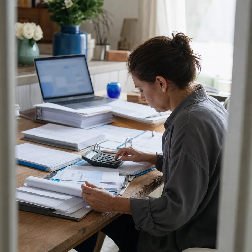 Finance specialist reconciling a spreadsheet with a calculator at a home desk