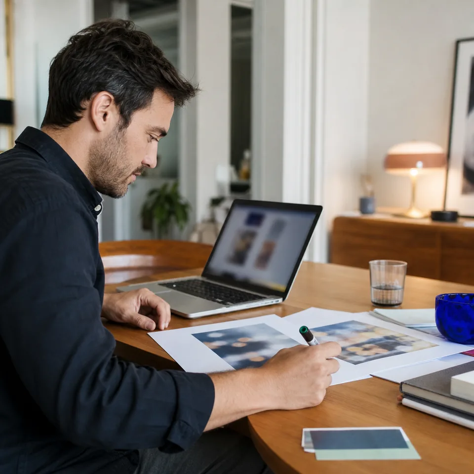 Marketer reviewing campaign photos and a content calendar at a home desk