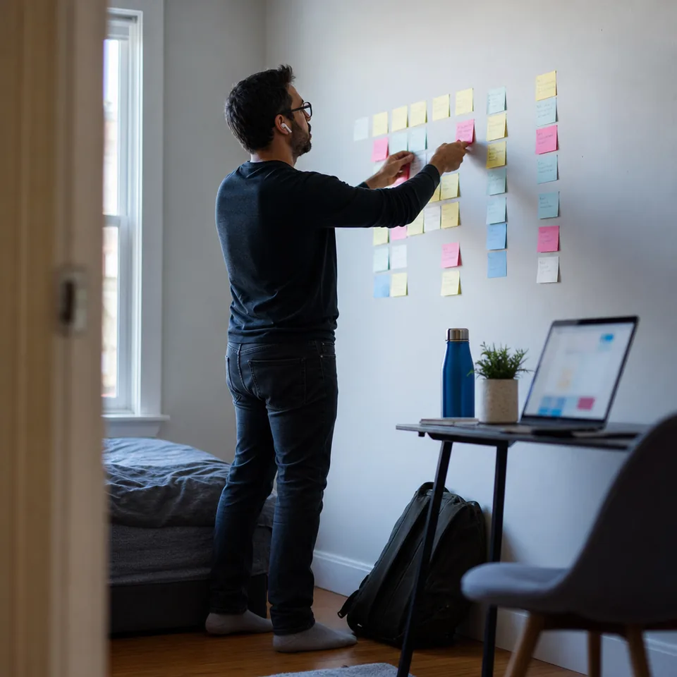 Product manager mapping a roadmap on sticky notes on a glass wall at home