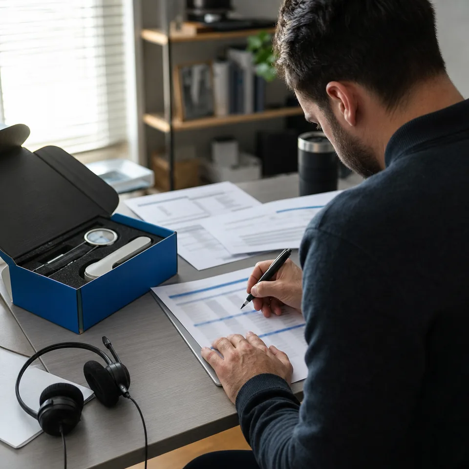 Account executive on a video sales call with a headset in a home office
