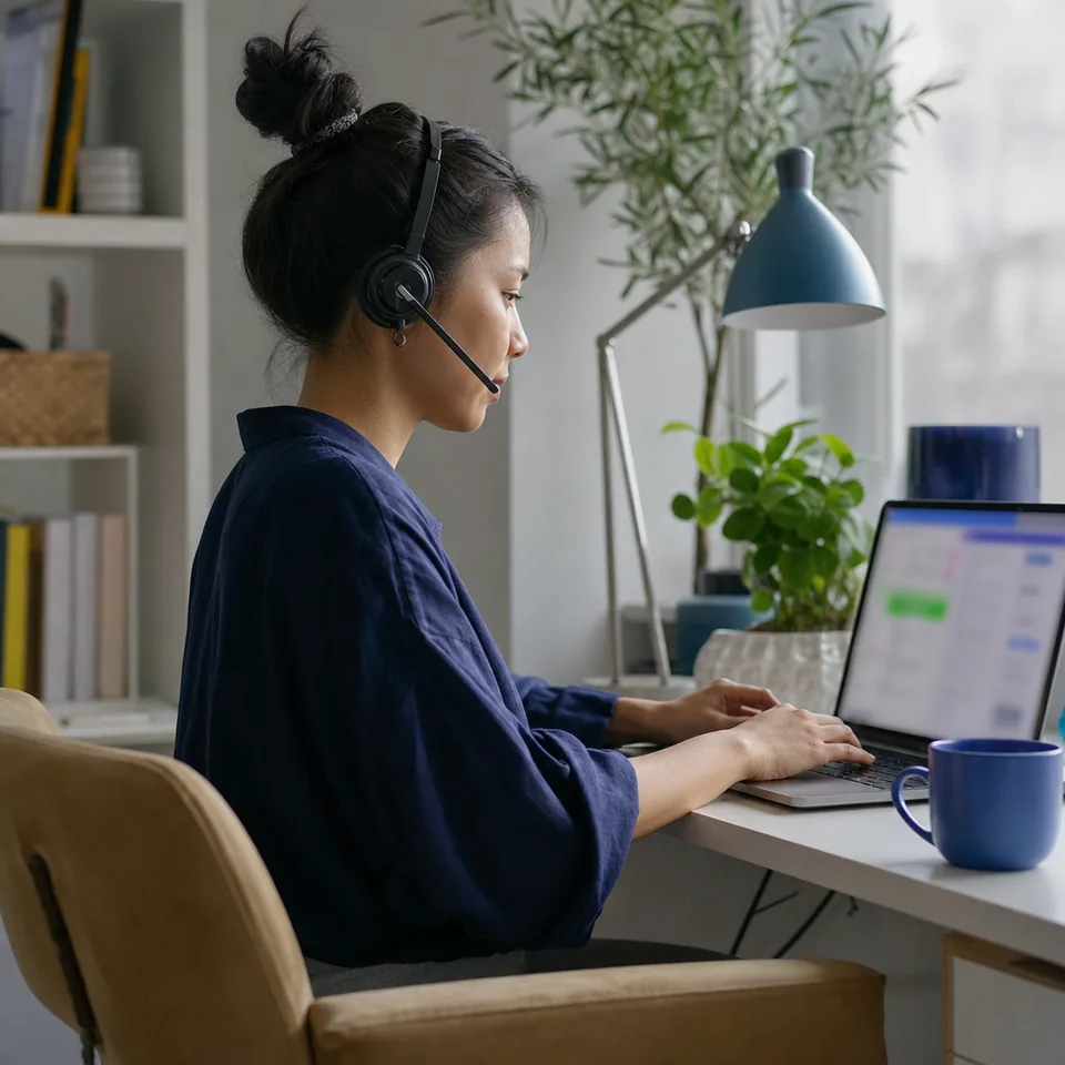 Support specialist answering a customer chat with a headset at home